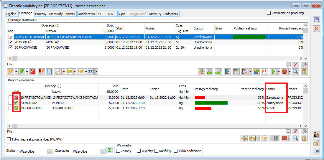 Nowa kolumna Status oraz ikonki realizacji w oknie Zlecenie produkcyjne, na zakładce Operacje