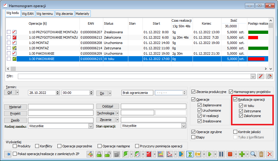 Nowe filtry dla statusów realizacji operacji w oknie Harmonogram operacji