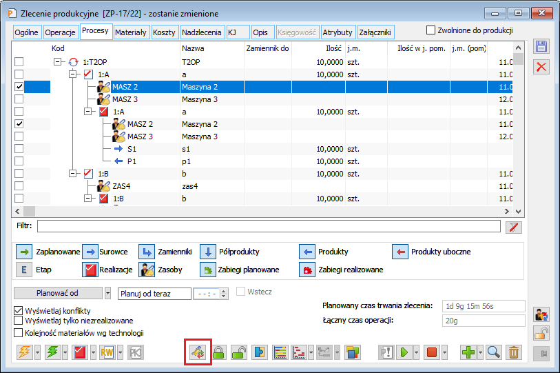 Zlecenie produkcyjne, zakładka: Procesy – opcja: Zamień lub dodaj zasoby