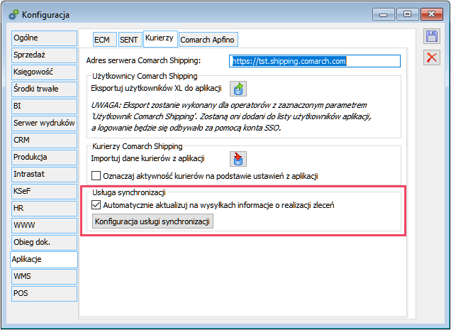 Ustawienia usługi synchronizacji dla Comarch Shipping