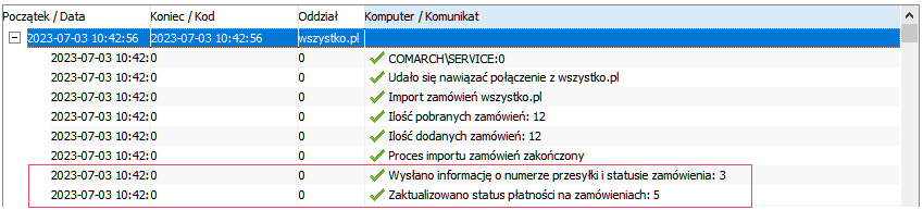 Informacja o realizacji zamówień z wszystko.pl w logach z synchronizacji