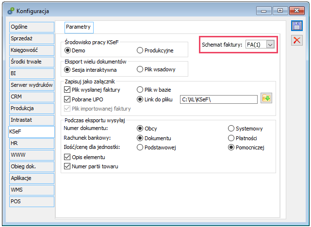 Wybór schematu faktury KSeF w Konfiguracji systemu