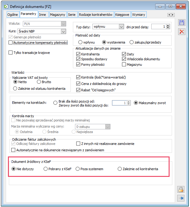 Parametry KSeF na definicji FZ