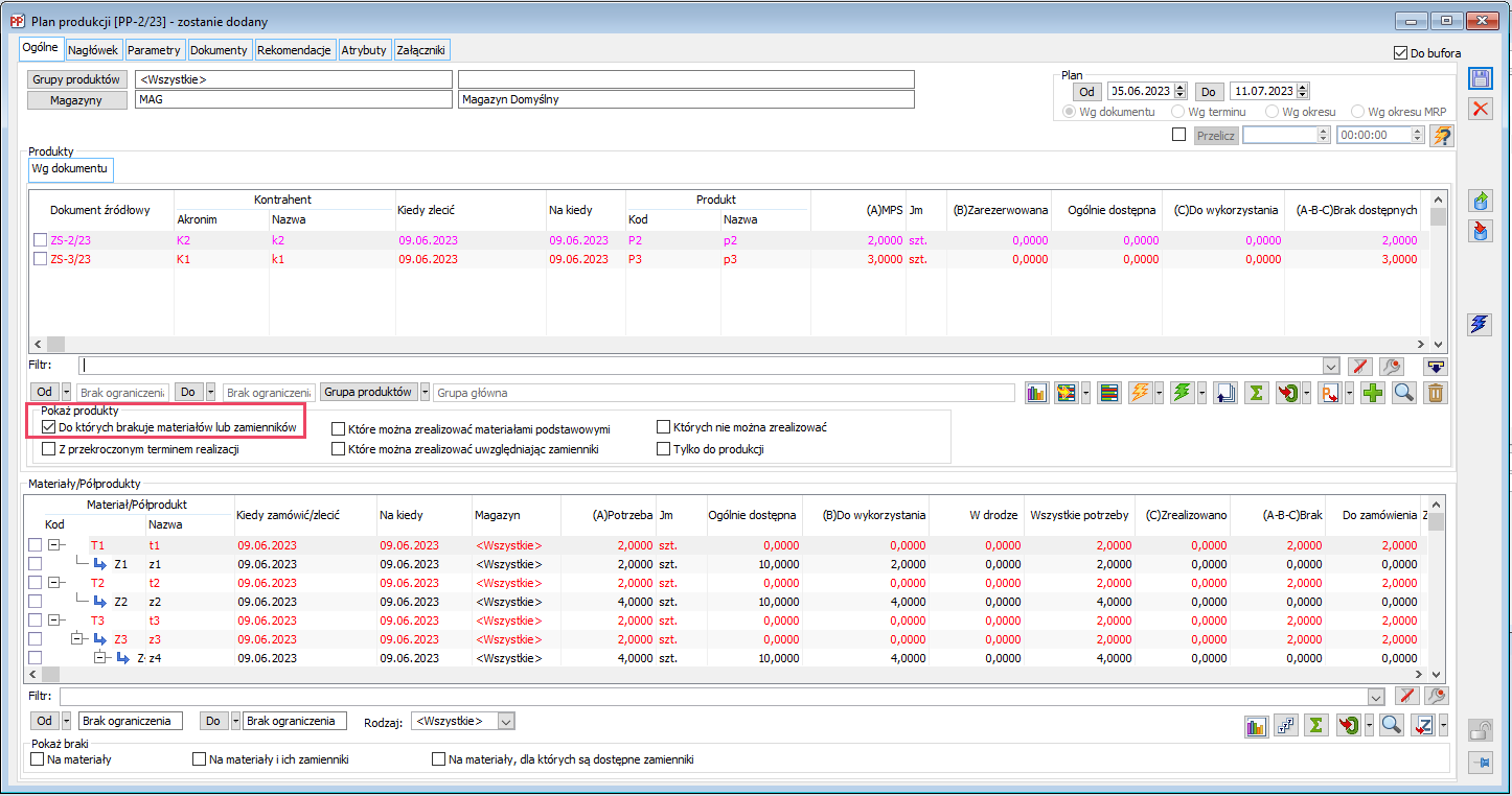 Plan produkcji - filtr: Pokaż produkty, do których brakuje materiałów lub zamienników