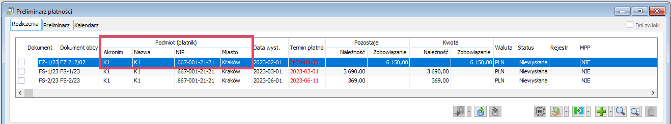 Preliminarz płatności – kolumny grupy Podmiot