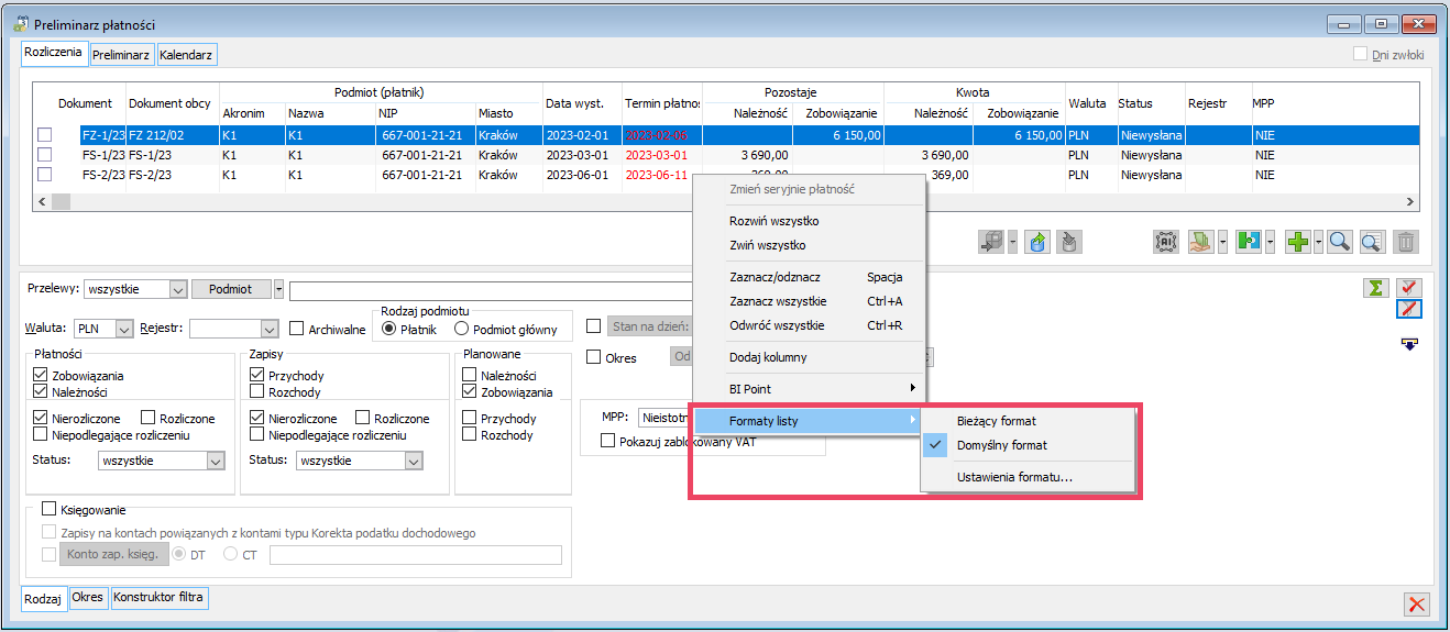 Preliminarz płatności – formaty listy