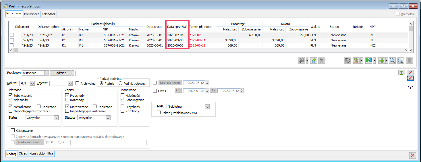Preliminarz płatności –kolumna Data sprz./zak.