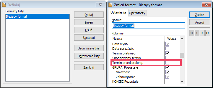 Preliminarz płatności – formaty listy – kolumna Termin przed prolong.