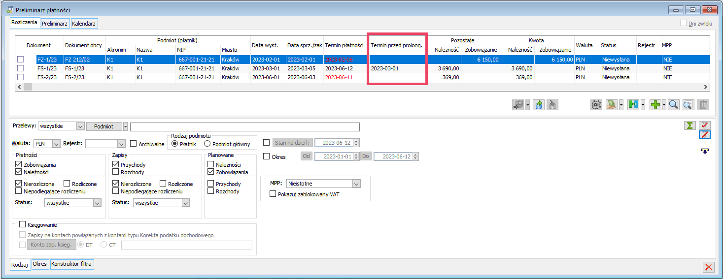 Preliminarz płatności - kolumna Termin przed prolong.