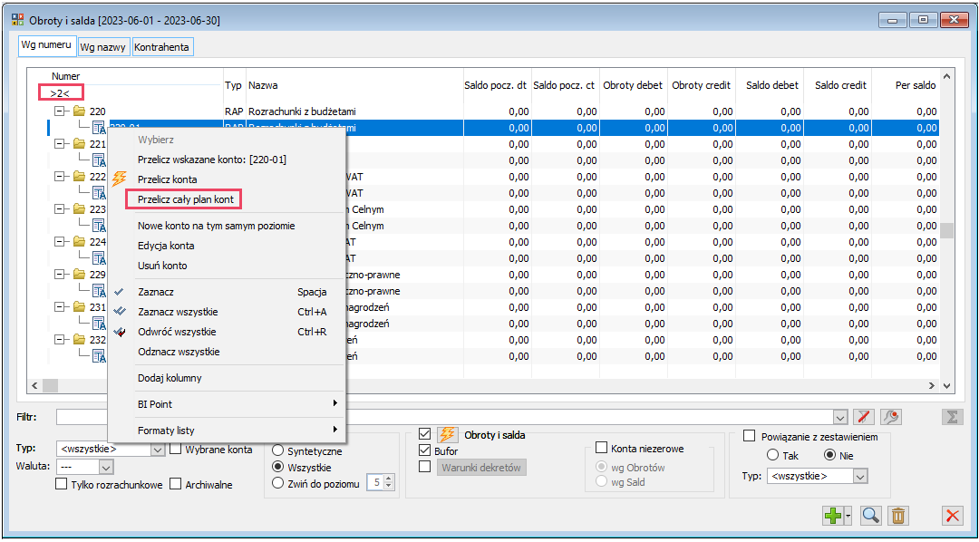 Okno Obroty i salda – menu kontekstowe udostępnione z poziomu listy planu kont zawężonej do kont zespołu „2”