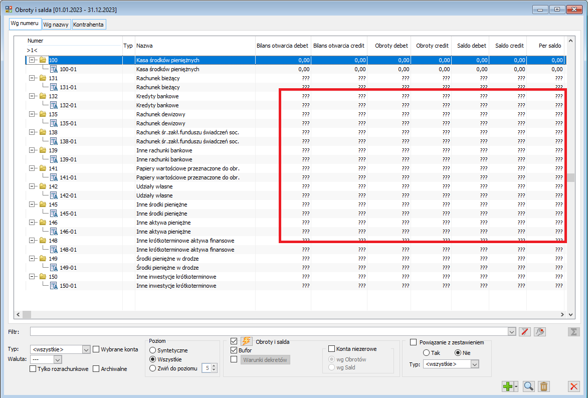 Okno Obroty i salda – prezentacja z kontami, dla których wartości nie zostały nieprzeliczone