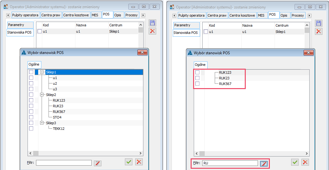 Filtrowanie na liście stanowisk POS podczas ich dodawania do karty operatora