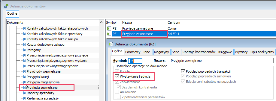 Aktywacja obsługi PZ na definicji dokumentu