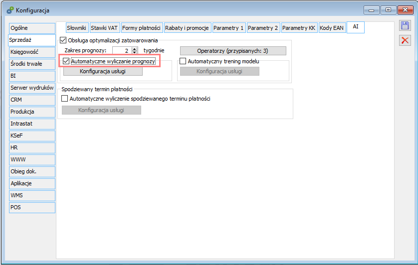 Włączenie automatycznego wyliczania prognozy w konfiguracji systemu