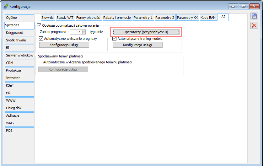 Przycisk Operatorzy w konfiguracji optymalizacji zatowarowania