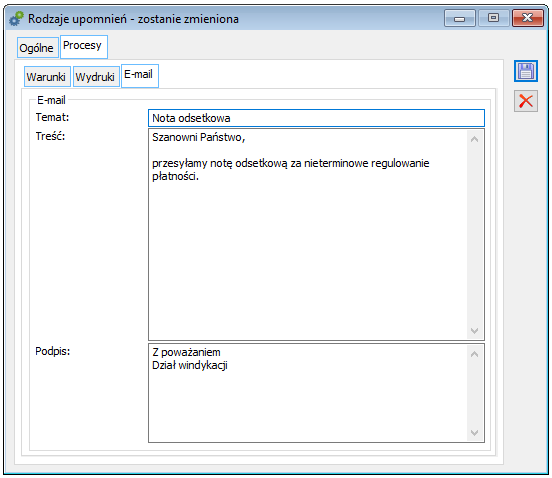 Rodzaje upomnień/Procesy/E-mail
