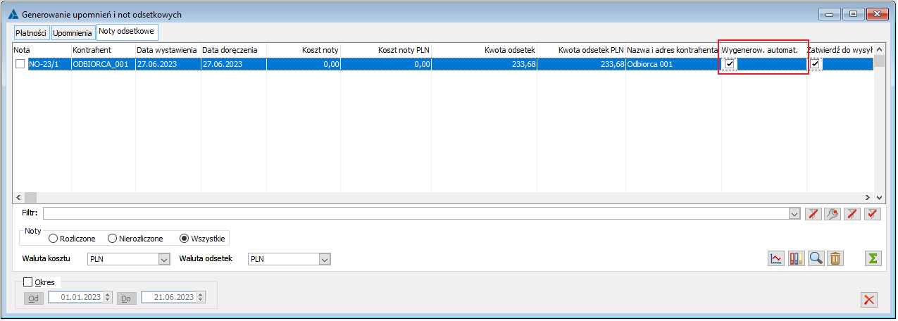 Okno Generowania upomnień i not odsetkowych, zakładka Noty odsetkowe, parametr Wygenerow. automat.