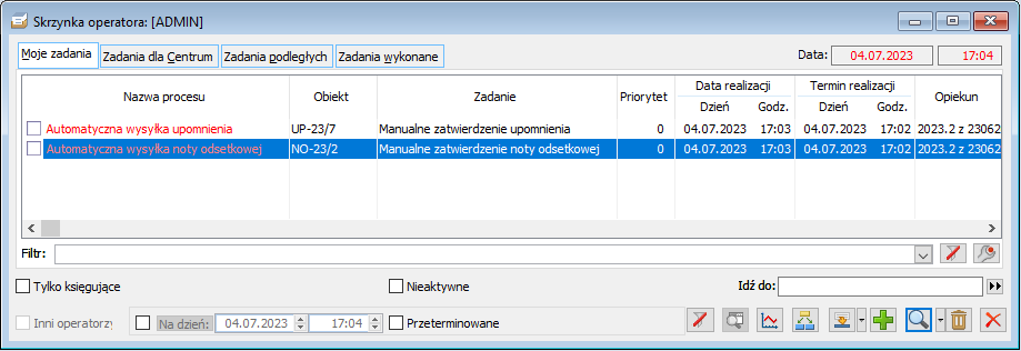 Skrzynka Pracownika z listą zadań do wykonania – Manualne zatwierdzenie noty odsetkowej do wysyłki