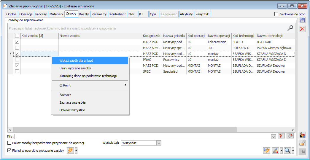 Dokument ZP, zakładka: Zasoby - menu kontekstowe dostępne na liście zasobów do zaplanowania