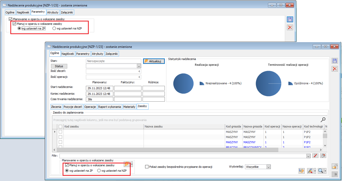 Dokument NZP - parametr: Planuj w oparciu o wskazane zasoby: wg ustawień na ZP/wg ustawień na NZP