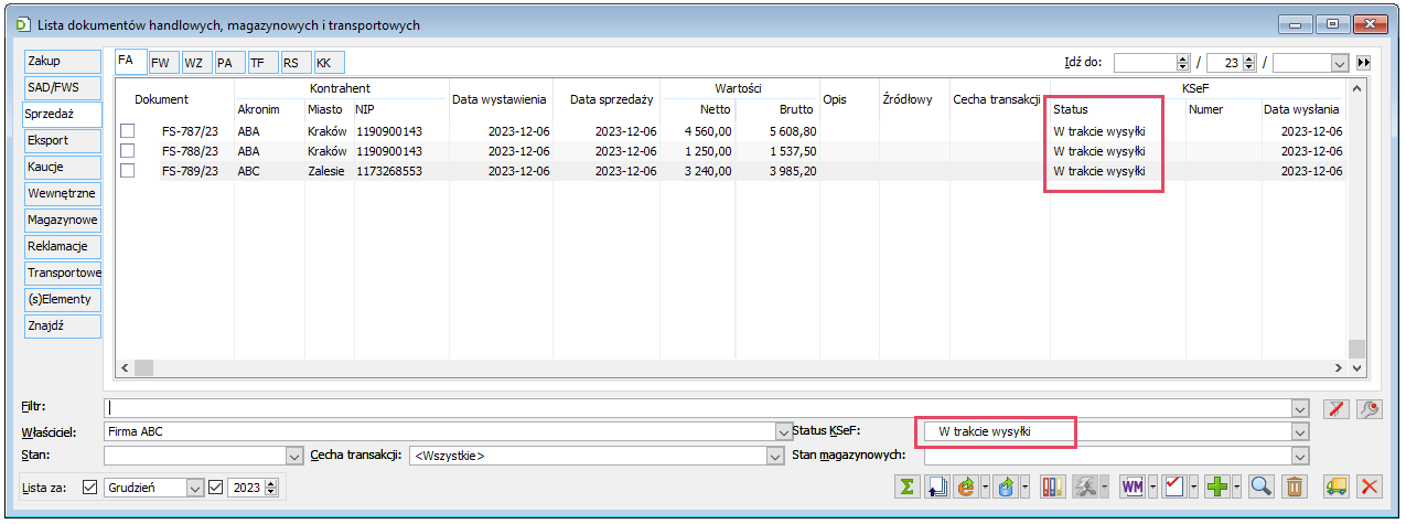 Status „W trakcie wysyłki” na liście faktur sprzedaży i filtrowanie wg tego statusu
