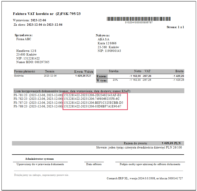 Numery KSeF faktur korygowanych na wydruku korekty zbiorczej