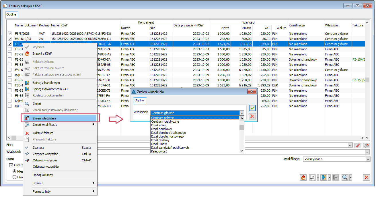 Seryjna zmiana Właściciela na liście faktur zakupu zaimportowanych z KSeF