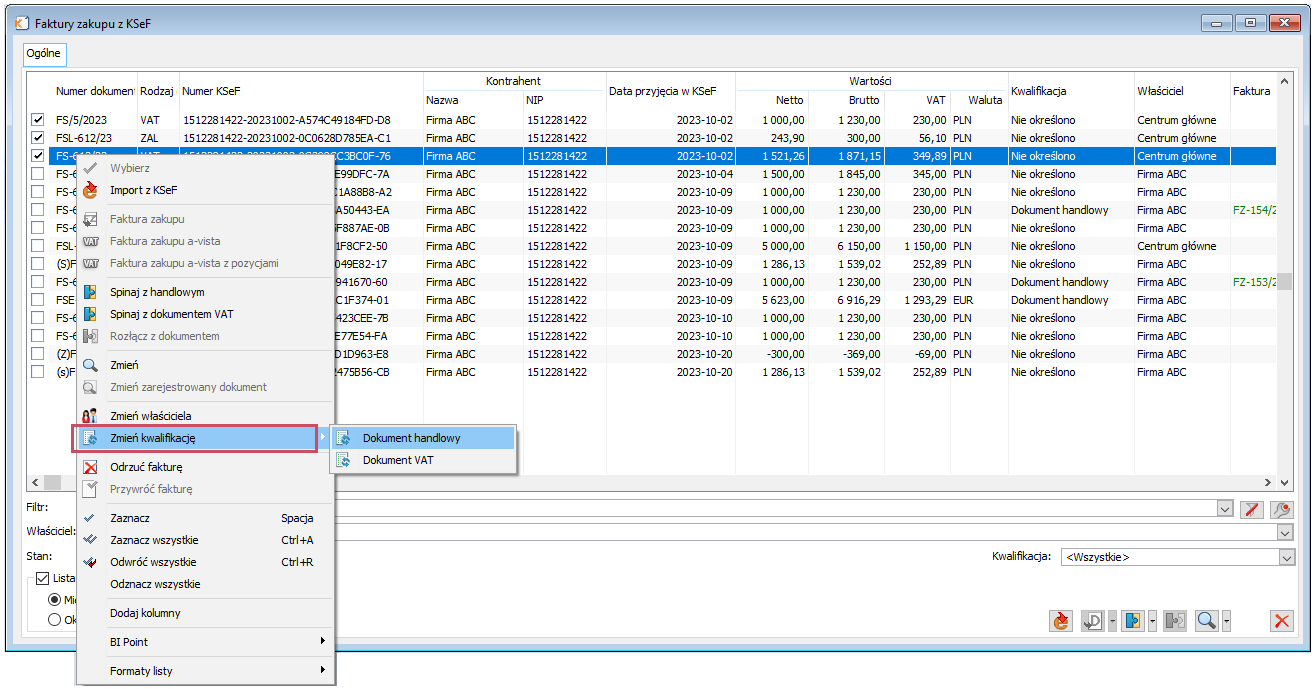 Seryjna zmiana Kwalifikacji na liście faktur zakupu zaimportowanych z KSeF