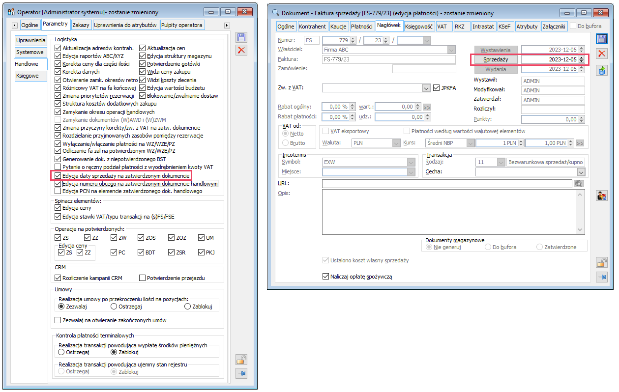 Edycja daty sprzedaży przez uprawnionego Operatora na zatwierdzonej FS wysłanej do KSeF