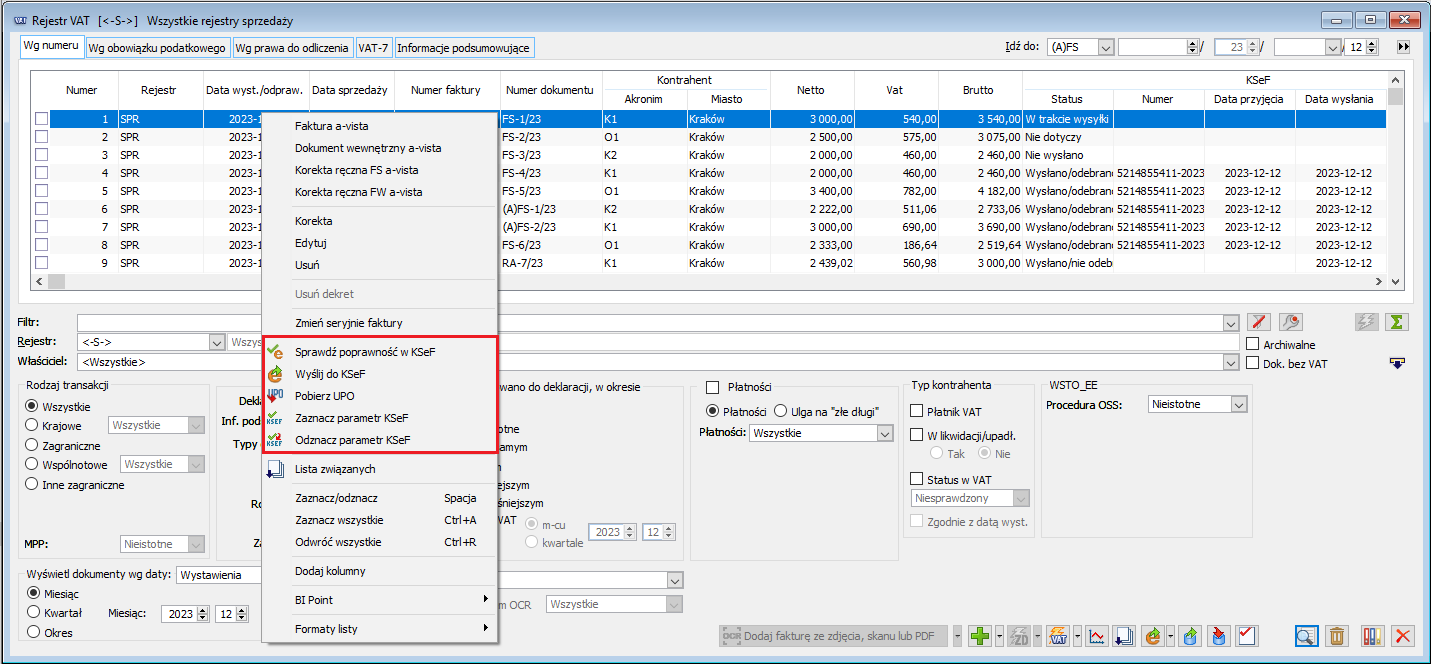 Rejestr sprzedaży VAT, menu kontekstowe