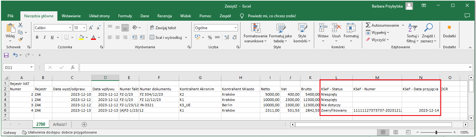 Eksport listy udostępnionej w oknie Rejestr VAT do MS Excel