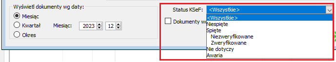Filtr „Status KSeF”