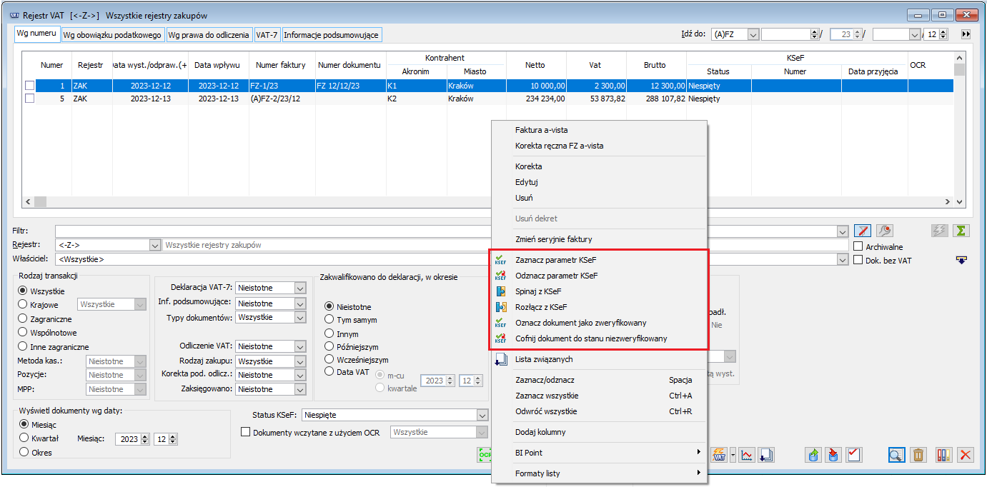 Rejestr sprzedaży VAT, menu kontekstowe
