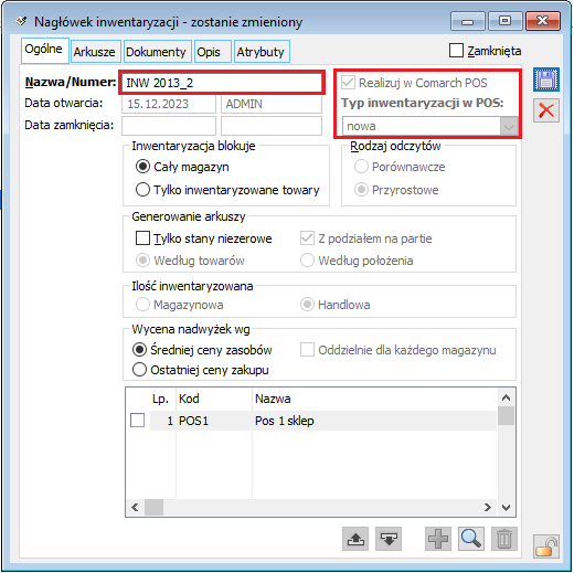 Okno inwentaryzacji realizowanej w Comarch POS