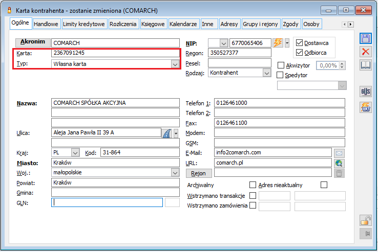 Numer i typ karty kontrahenta wysyłany do Comarch POS