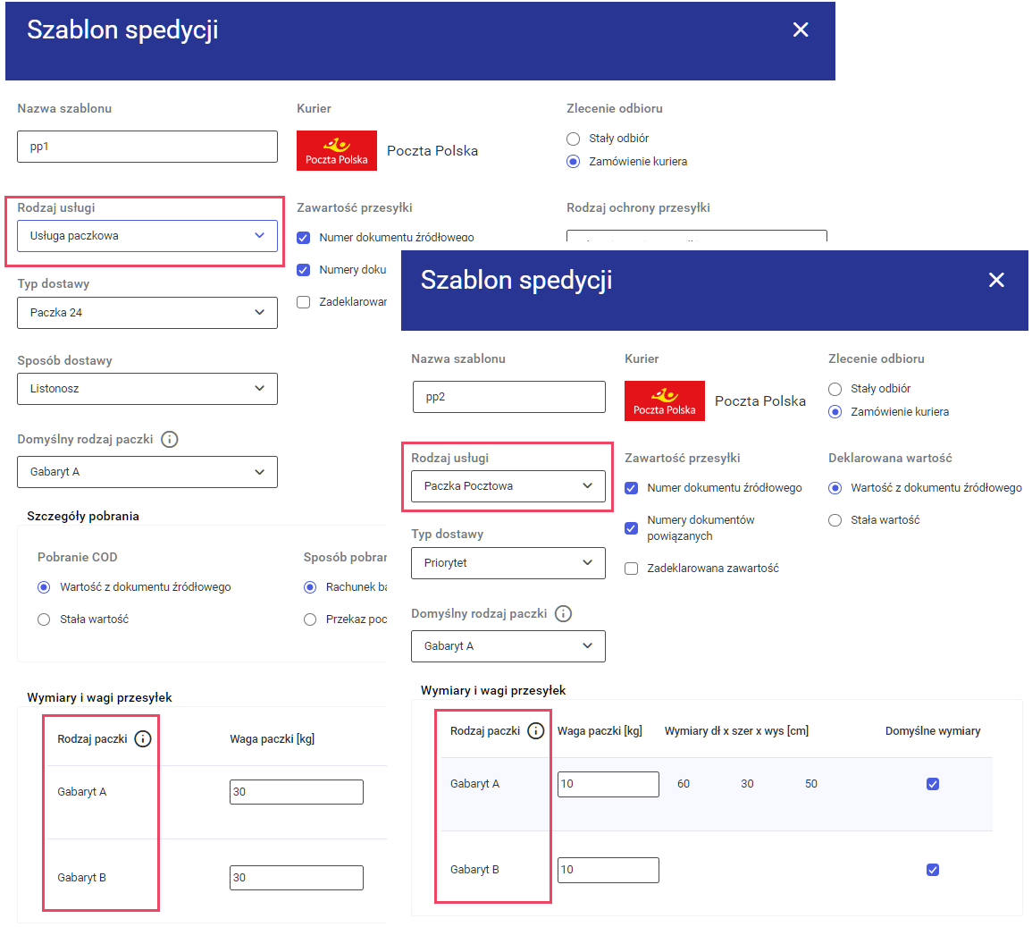 Powiązanie rodzaju usługi i rodzaju paczki na zleceniach w Comarch Shipping