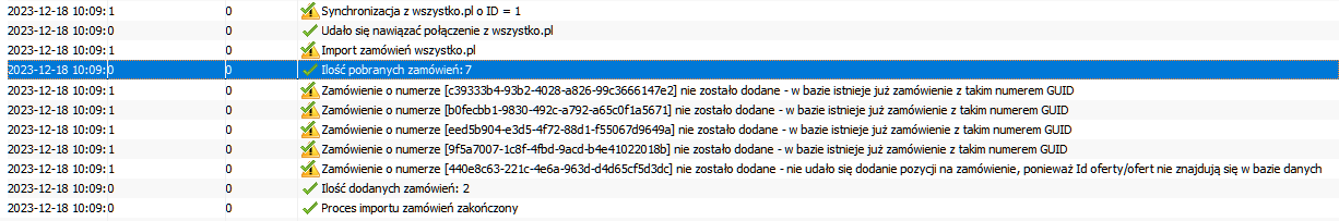 Log z automatycznego importu zamówień z wszystko.pl przez usługę synchronizacji