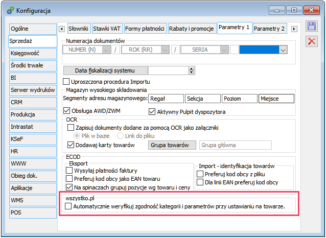 Parametr w konfiguracji włączający automatyczną weryfikację zgodności kategorii i parametrów z wszystko.pl