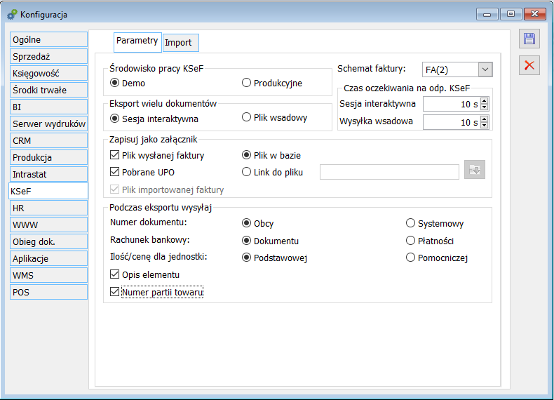 Konfiguracja, zakładka: KSeF