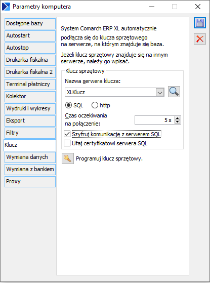 Konfiguracja komputera zakładka Klucz