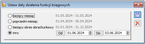 Okno Ustaw daty działania funkcji księgowych