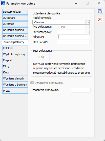 Konfiguracja komputera, zakładka Terminal płatniczy
