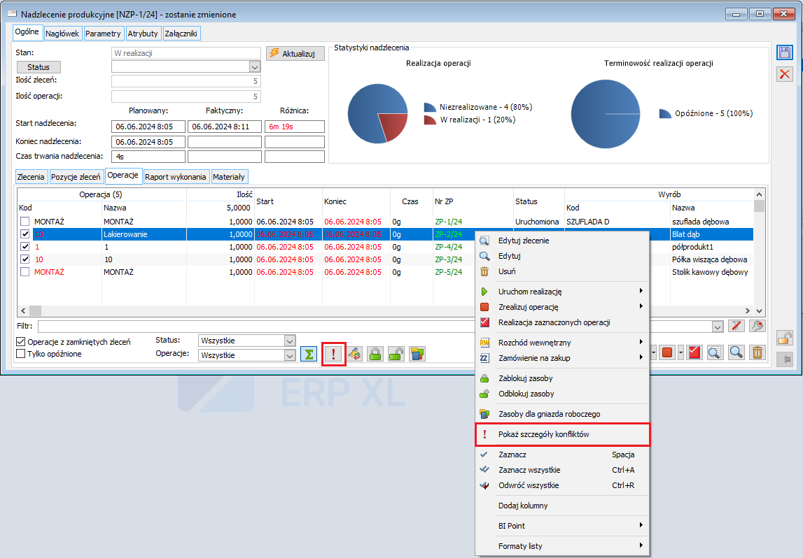 Nadzlecenie produkcyjne - opcje otwierania okna Szczegóły konfliktów