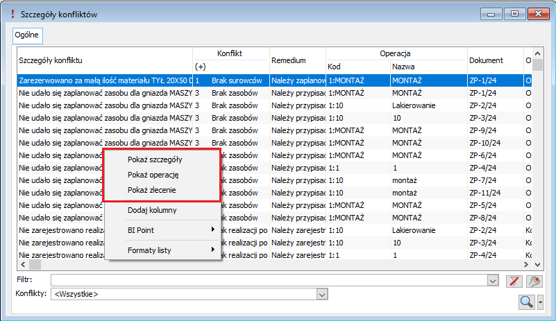 Szczegóły konfliktów - menu kontekstowe