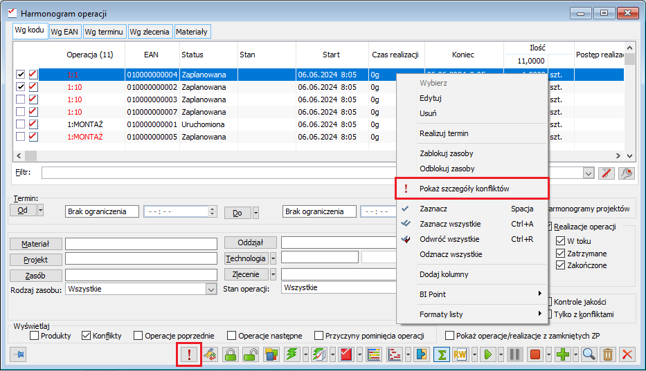 Harmonogram operacji - opcje uruchamiania okna Szczegóły konfliktów