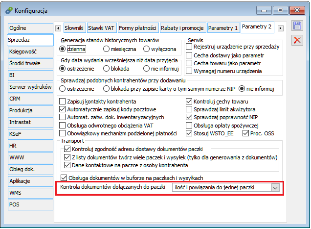 Konfiguracja poziomu kontroli dokumentów dołączanych do paczki