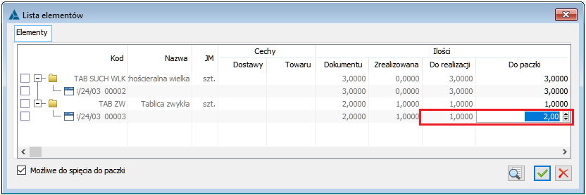 Możliwość ustawienia ilości do powiązania na paczkę bez względu na ilość dotychczas powiązaną