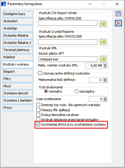 Opcja włączania uruchamiania procesu dla sPrint razem z Systemem XL
