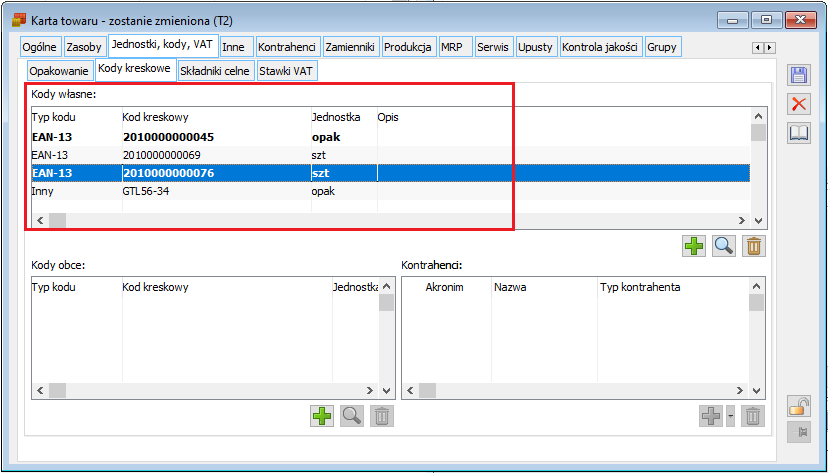 Kody kreskowe własne przypisane do towaru