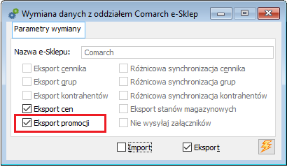 Parametr Eksport promocji na oknie synchronizacji z Comarch e-Sklep